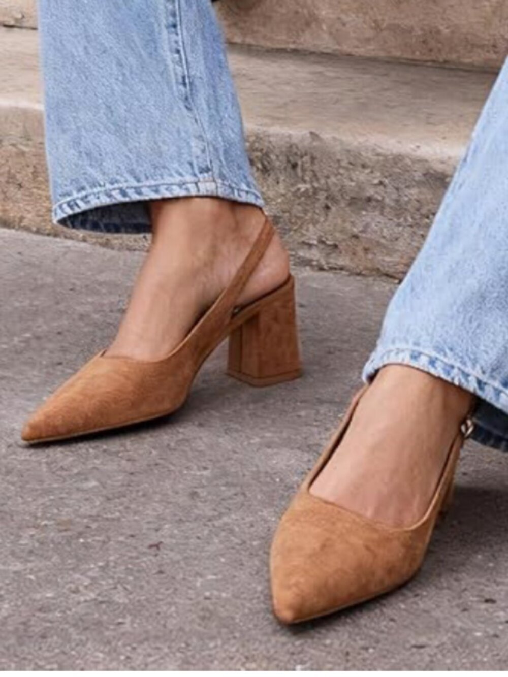 Mostrin SZ 8.5 Camel Suede Block Heel Slingback Office Dressy Chic Closet Staple